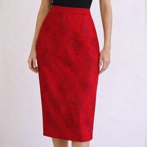 Hottie + Lord Red Rose Floral Embroidered Midi Pencil Skirt 2